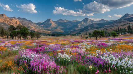 Obraz premium A blue sky with clouds dots the background while a field of wildflowers frames the majestic mountain range in front