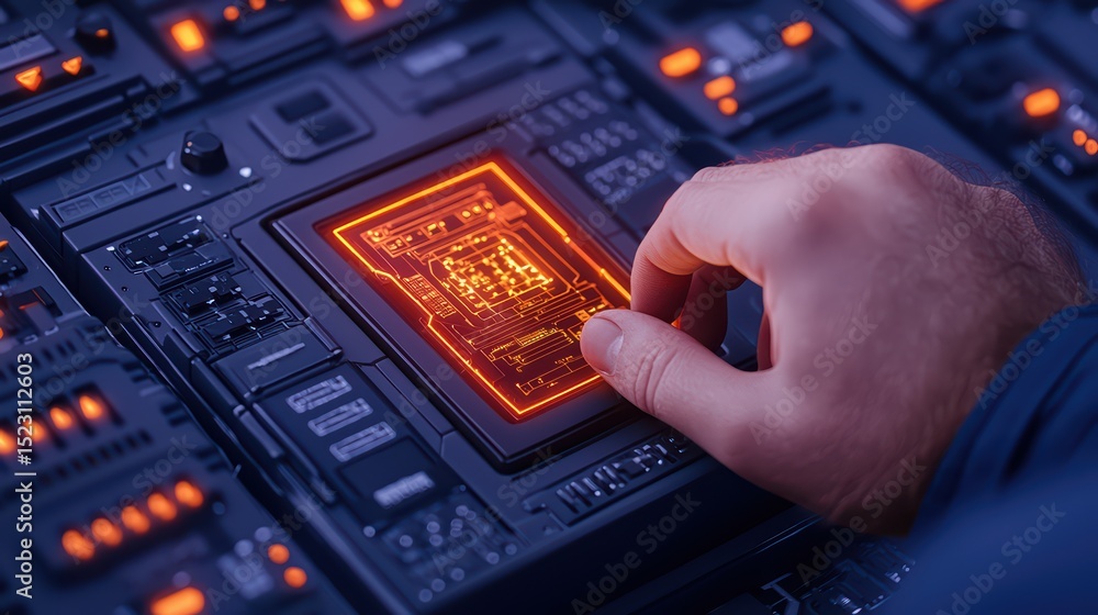 Poster futuristic interface with hand adjusting control panel and neon elements in a high-tech environment
