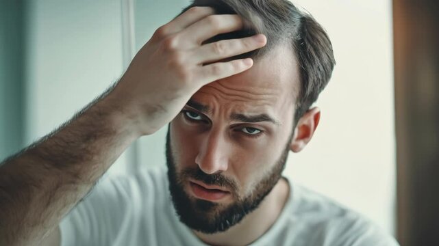 Worried Man Checking Hair Loss in Mirror, Concerned Expression. He slowly raises his hand to touch his receding hairline, inspecting it with worried eyes 