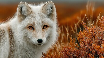 Obraz premium A white fox with orange eyes stands in a field of grass and shrubs against a blurred background