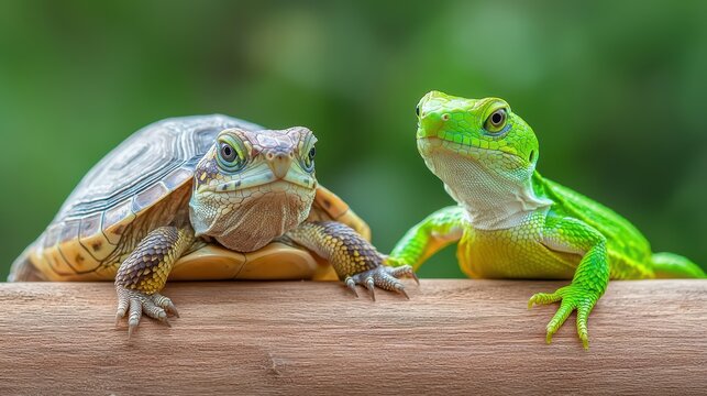 Colorful Turtle and Green Tree Frog Relaxing on a Wooden Branch in a Lush Natural Environment