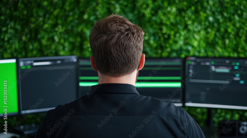 Poster professional in front of multiple monitors with digital interface in an office environment surrounde