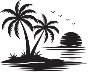 Tropical Island Sunset Silhouette with Palm Trees and Birds | island vector graphic design element