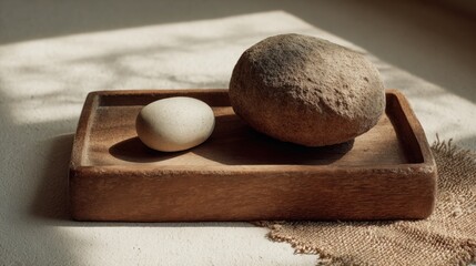 Serenity scene with rustic stones on wooden tray in sunlit setting