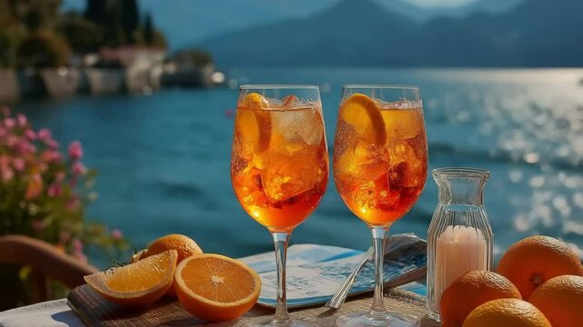With a lake and mountains in the background, two glasses of aperol spritz cocktail.