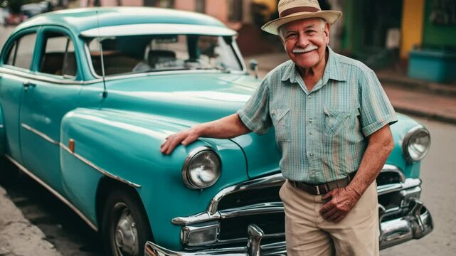 Elderly Man driver in Straw Hat Standing Proudly Next to Vintage Turquoise Car in Habana, Cuba. The man looks at it with pride and nostalgia
