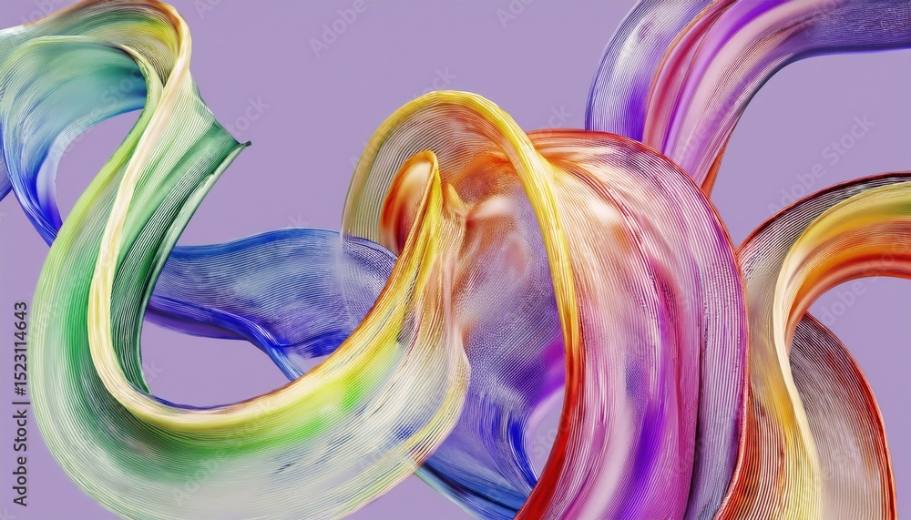 Poster abstract flowing ribbons in rainbow colors on soft lavender background, 3d render with translucent t