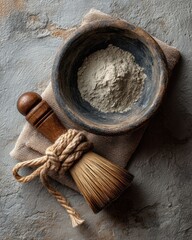 Traditional japanese tea ceremony utensils featuring matcha bowl and whisk on rustic background