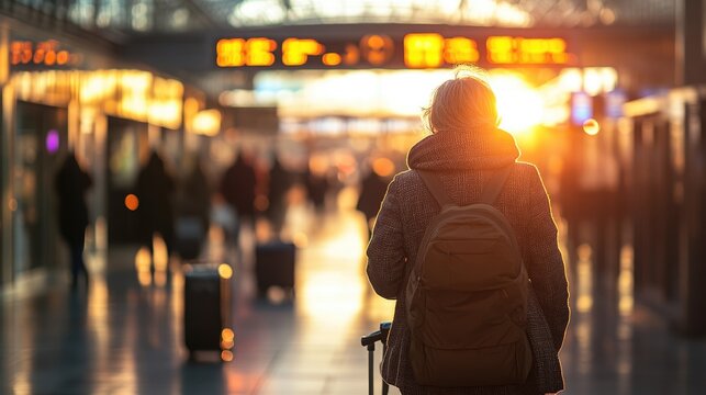 Sunset traveler navigating a bustling terminal.