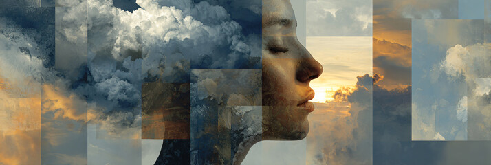 Abstract collage of mind transformation with clouds and clear sky