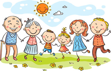 Happy Family Jumping With Joy Clipart. Big Family Portrait. Cute Cartoon characters standing outdoors