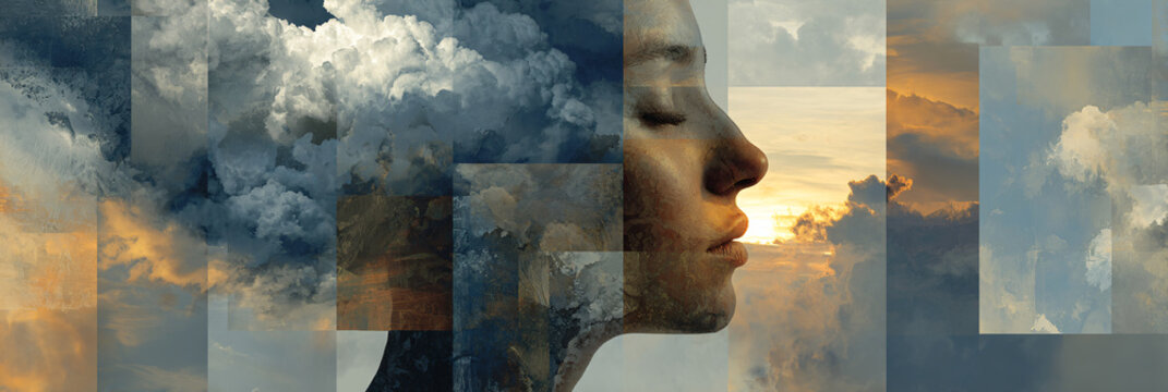 Abstract collage of mind transformation with clouds and clear sky