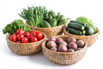 Fresh vegetables in bamboo baskets, Fresh, colorful vegetables arranged in bamboo baskets, showcasing a variety of produce