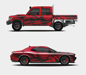 Red and Black Abstract Design on Pickup Truck and Muscle Car