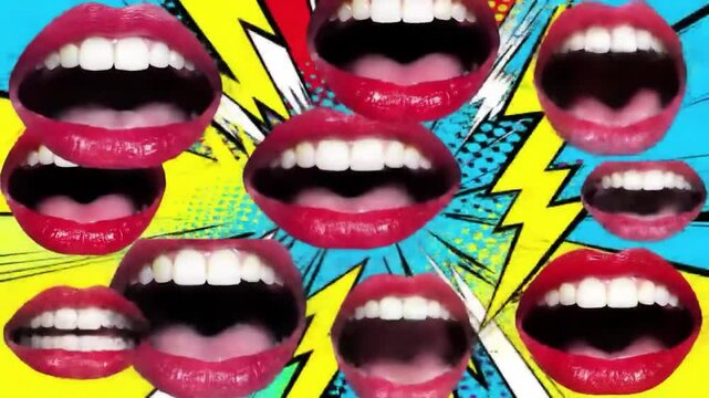 A pop art collage features open red lips with white teeth set against a vibrant, comic-book background