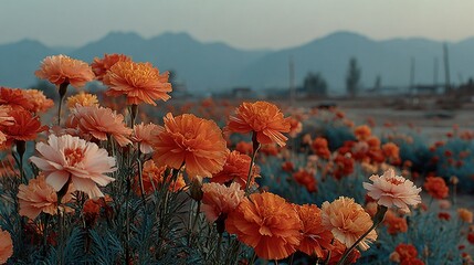   Orange and pink flowers bloom in a field surrounded by mountains in the background