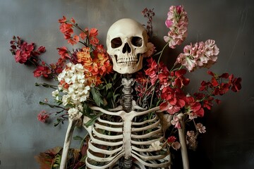 Skeleton adorned with vibrant flowers in artistic display
