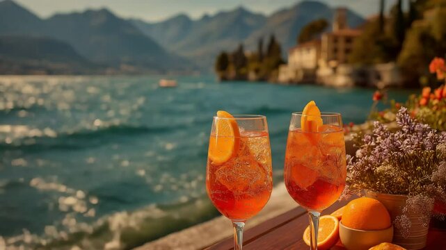 With a lake and mountains in the background, two glasses of aperol spritz cocktail.