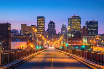 Fototapeta premium City skyline illuminated at dusk over a bridge in urban area