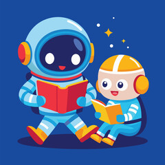 Cartoon Diver and Astronaut Reading Book Together – Cute Science Education Concept Vector Isolated

