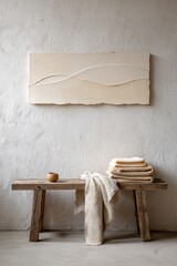 Minimalist interior design featuring wooden bench and textured wall art for a cozy home decor