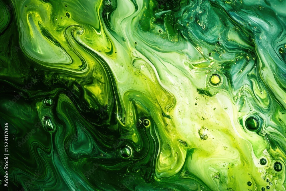 Poster swirling green abstract art depicting fluid movement and natural patterns created with vibrant color