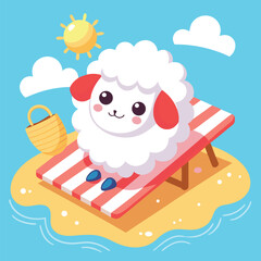 Cute Sheep Relaxing on Beach Mat – Summer Vacation Animal Cartoon Vector Isolated
