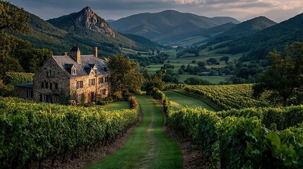   House amidst vineyard, mountain view, valley in background