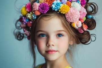 Girls hairdressing accessories, Various hairdressing accessories for girls, featuring vibrant clips, hair ties, and styling tools displayed together