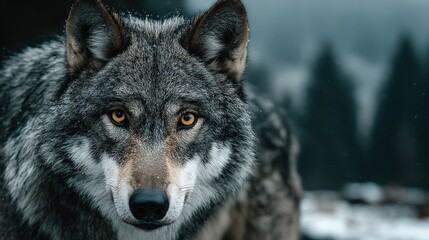 Fototapeta premium A close-up shot of a wolf's face with snowy ground in the foreground and trees in the background