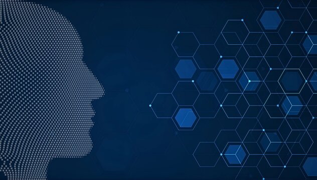 Digital Human Head Silhouette Made of Pixels on a Dark Blue Background, Connected to a Hexagonal Network, Representing Artificial Intelligence, Brain Computing, and Big Data Analysis