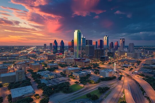 City skyline of Dallas showcases vibrant sunset and urban architecture with bustling streets in the foreground