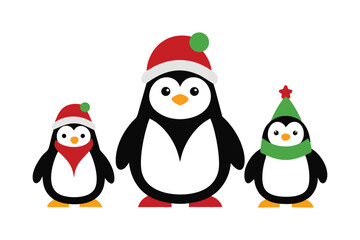 Christmas Penguins Cartoon Vector Cute Holiday Illustration on White Background

