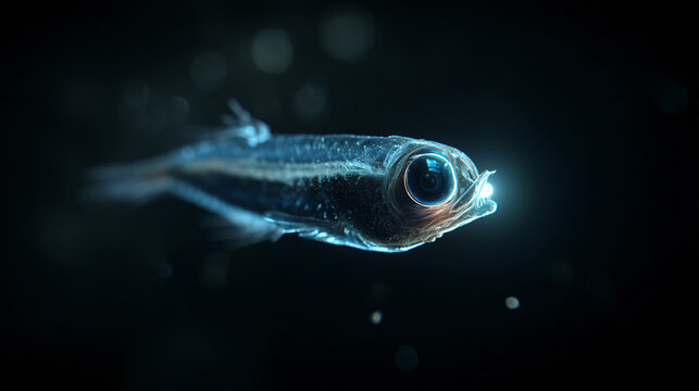 Bioluminescent lanternfish with visible organs and glow
