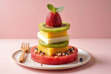 Artfully stacked fresh fruit tower with watermelon, kiwi, and strawberry on a pink background, fruit burger for lunch healthy eating concept