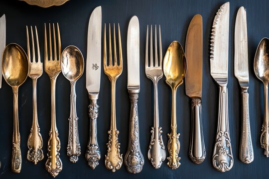 Various elegant silverware displayed on a dark table, showcasing intricate designs and craftsmanship