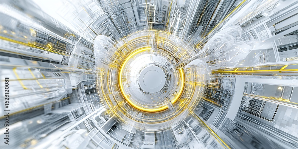 Poster fisheye close-up of hyper-realistic energy core with yellow radiating lines surrounded by futuristic