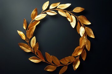 Golden Laurel Wreath, A beautifully crafted golden laurel wreath, signifying triumph, presented on...
