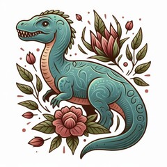 Obraz premium Cartoon Kronosaurus with Floral Adornments in Traditional Tattoo Style