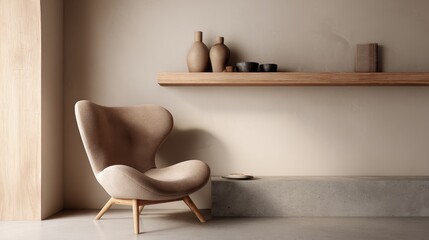 Minimalist modern living room with stylish chair and wooden shelf,japandi style