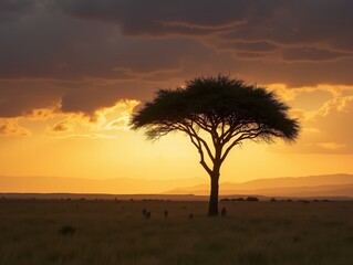 Obraz premium Lone acacia in Serengeti at golden hour with storm backdrop