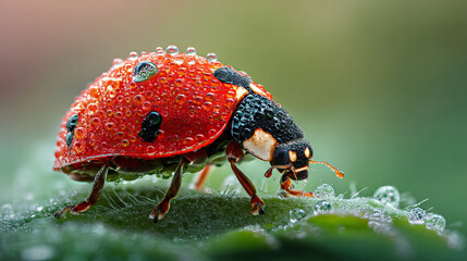 Obraz premium Hyper realistic closeup of a ladybug walking on a dewy leaf
