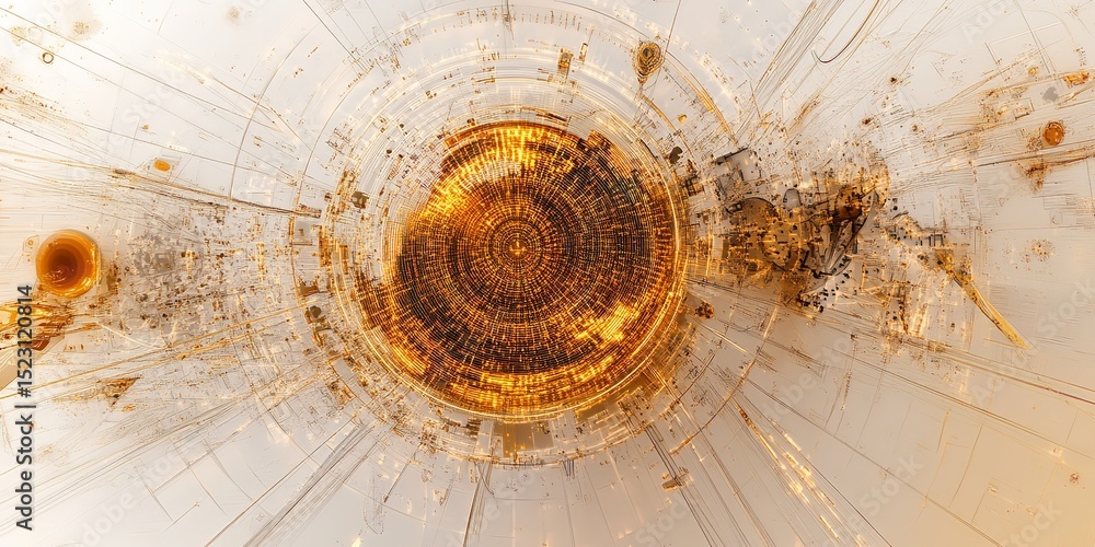 Poster fisheye close-up of hyper-realistic energy core with yellow radiating lines surrounded by futuristic