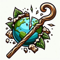 Stylized earth shattered by a wooden staff in a bold cartoon tattoo design