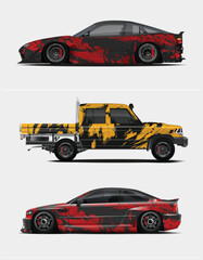 Naklejka premium Three Unique Car Wrap Designs Sports Car, Truck, and Coupe