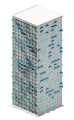 Blue door and window building isometric. 3d rendering.	