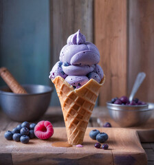 Rich Blueberry Ice Cream Cone with Berries on Wood