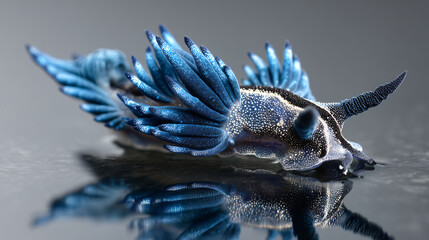 Macro photo of a blue dragon sea slug with vivid textures and glowing spots