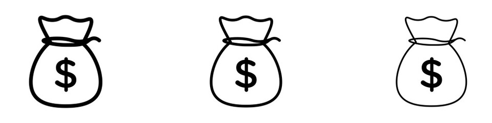 Money bag icons. Thin linear graphic pictogram for website