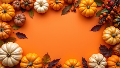a festive autumnal scene with pumpkins in shades of orange and white arranged around a central, vibrant orange circle, creating an inviting wreath shape
